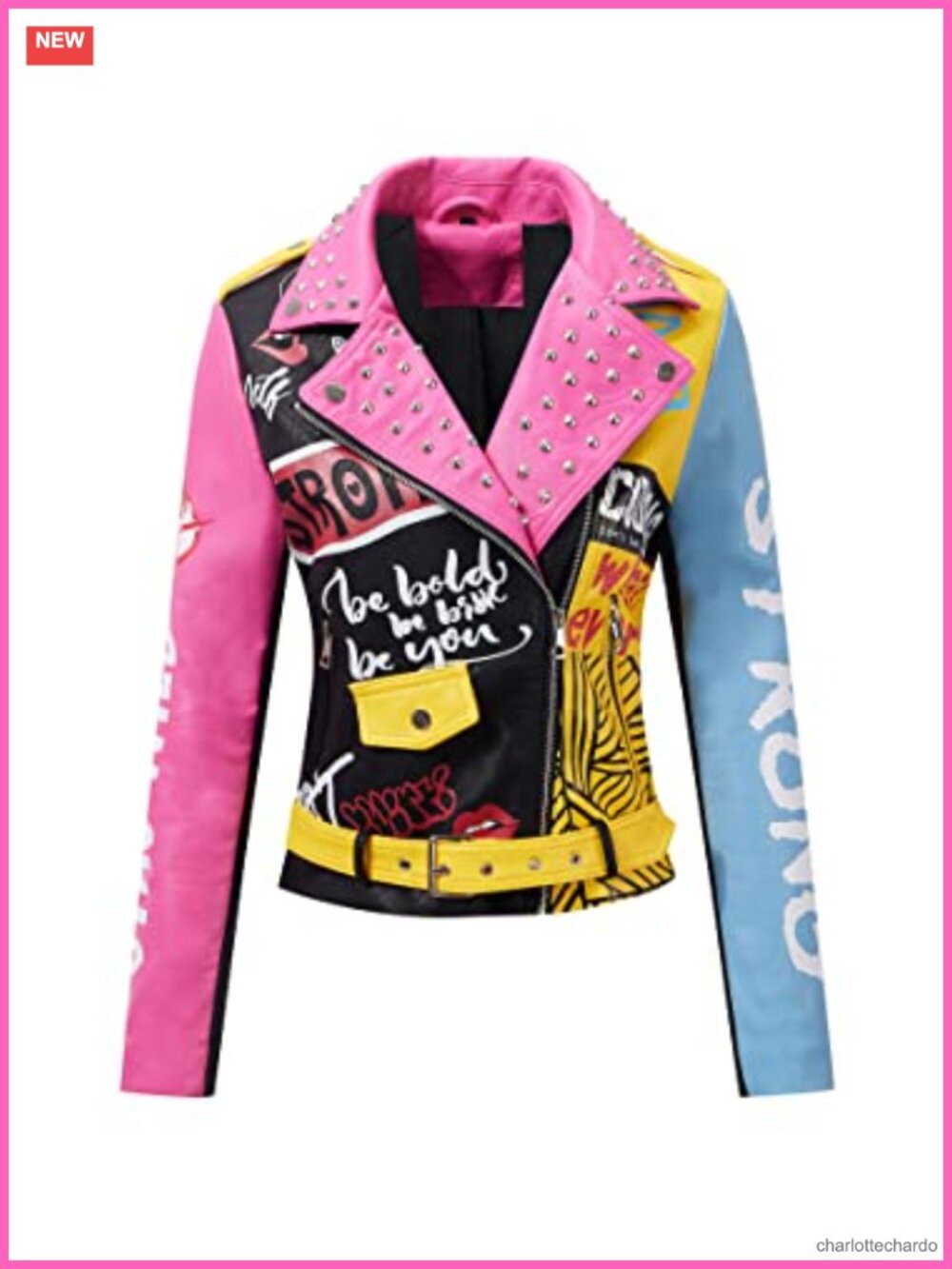 Faux Leather Studded Moto Jacket Belted Short Streetwear